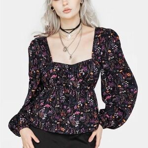 Disturbia Black Floral Blouse with Puff Sleeves